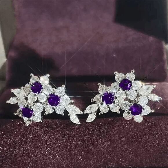 Boho Amethyst White Diamond Flower Stud Earrings - Picture 2 of 3